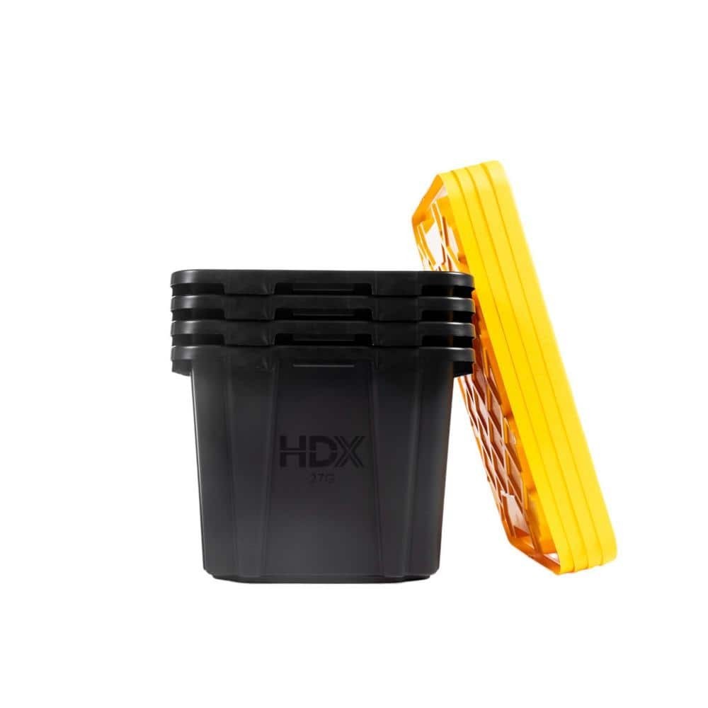 HDX 27 Gal. Tough Storage Tote 4 Pack Black Yellow Lid New