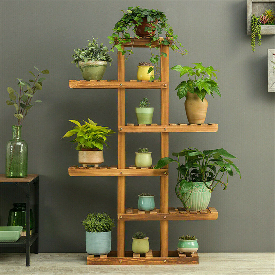 Wall Corner Wooden Plant Stand Indoor Outdoor Garden Flower Pot Shelf Space Save