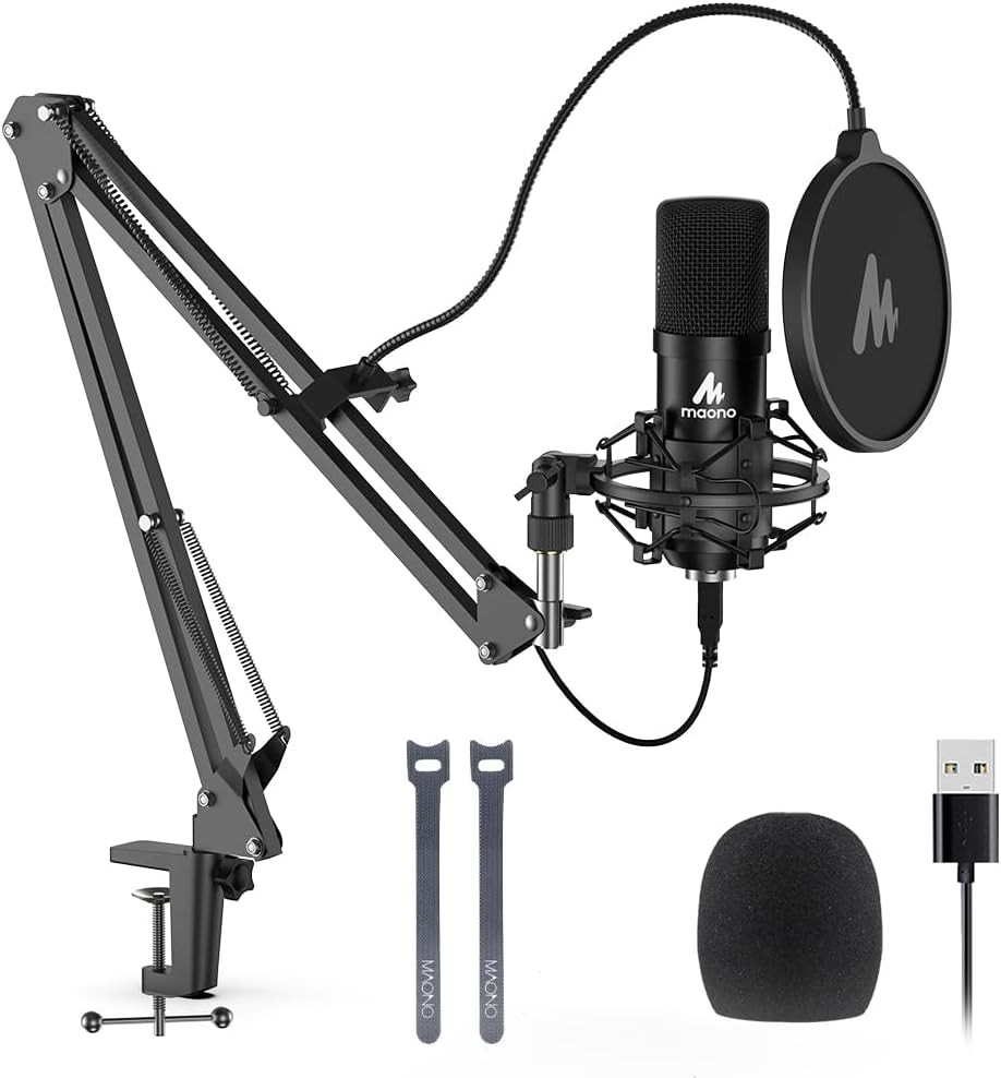 USB Microphone, MAONO 192KHZ/24Bit Plug & Play PC Computer Podcast A04, Black