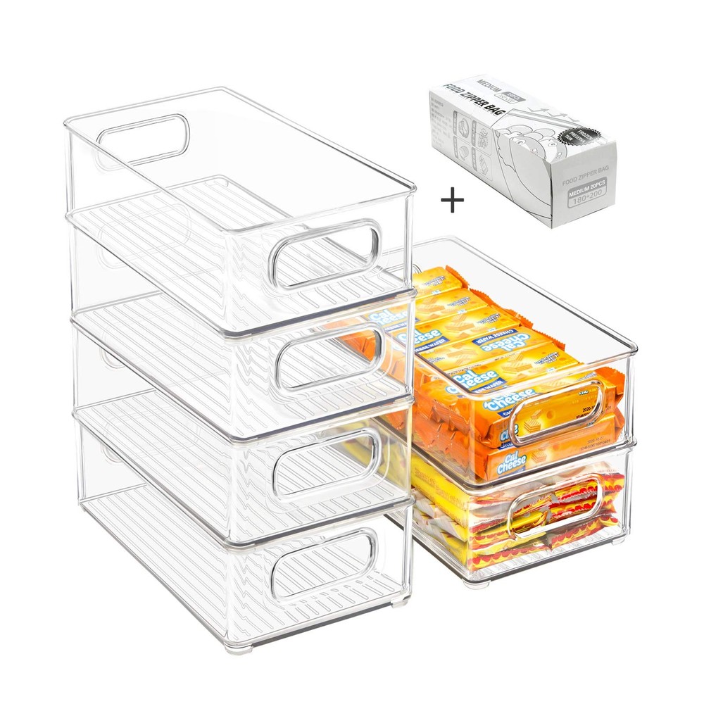 Stackable Refrigerator Organizer Bins - 6 Pack Clear Kitchen Containers