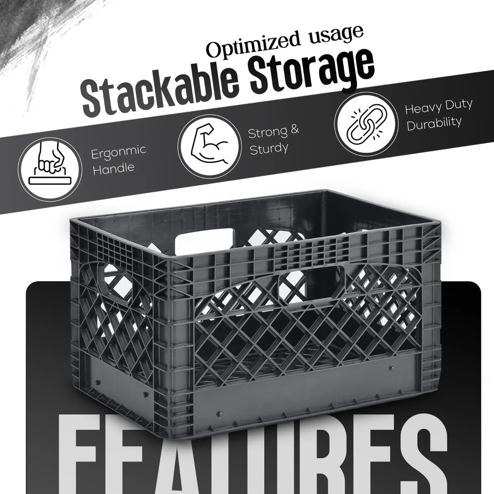 PLASTIC Milk Crate Heavy Duty Storage Bin Stackable 24QT Black
