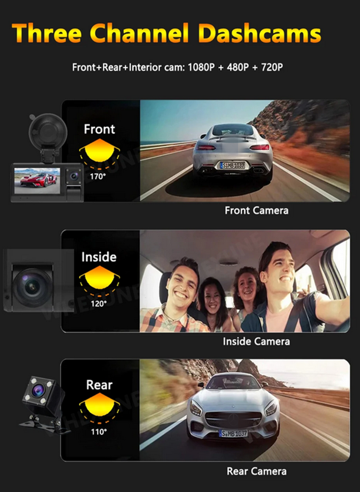 Dash Camera Car FHD Front Inside Rear Dashcam Touch Screen DVR Video Recorder