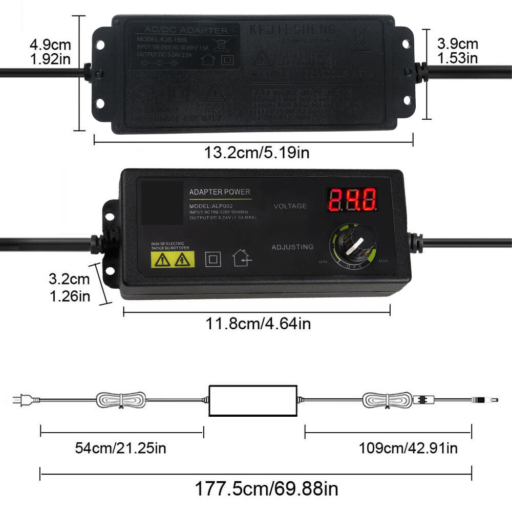 Adjustable Voltage 3 to 24V AC/DC Switch Power Supply Adapter with LED Display