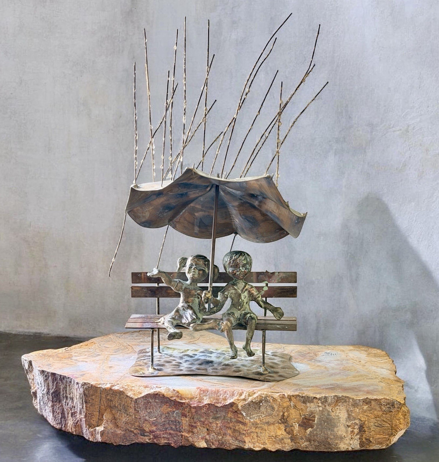 Vintage 1970s Bijan Brass & Copper Figural Rain Drops Sculpture Signed 14”