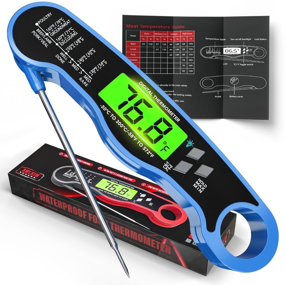 Blue Waterproof Digital Meat Thermometer with Fast Backlight Reading Feature