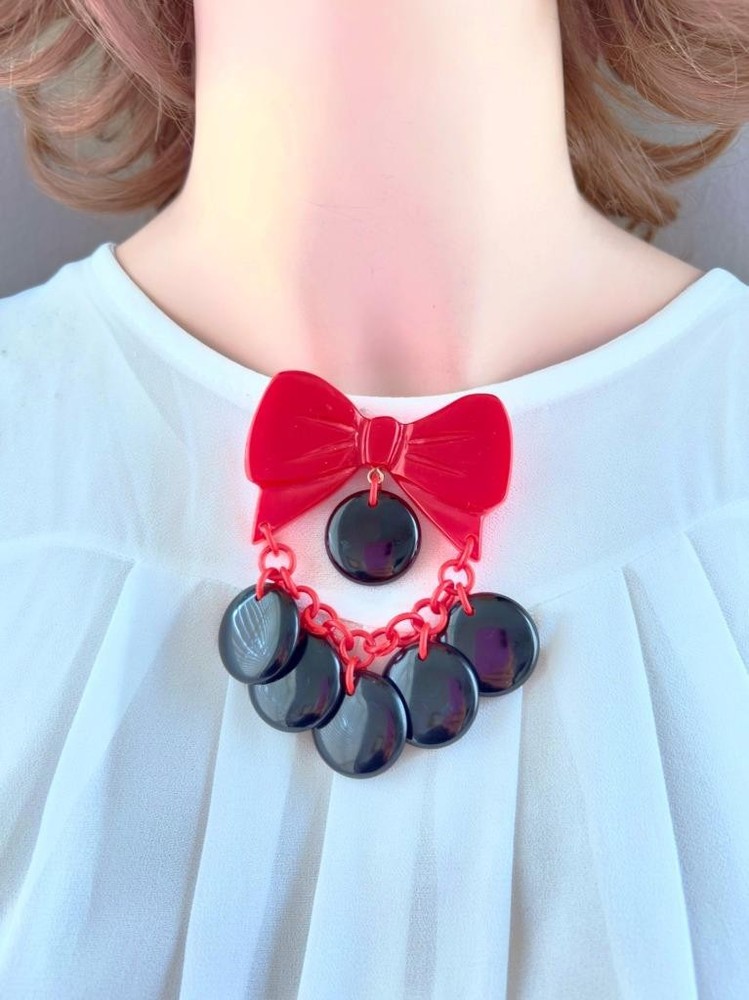 Vintage Signed Shultz Bakelite Big Red Bow & Black Dot Dangles Pin