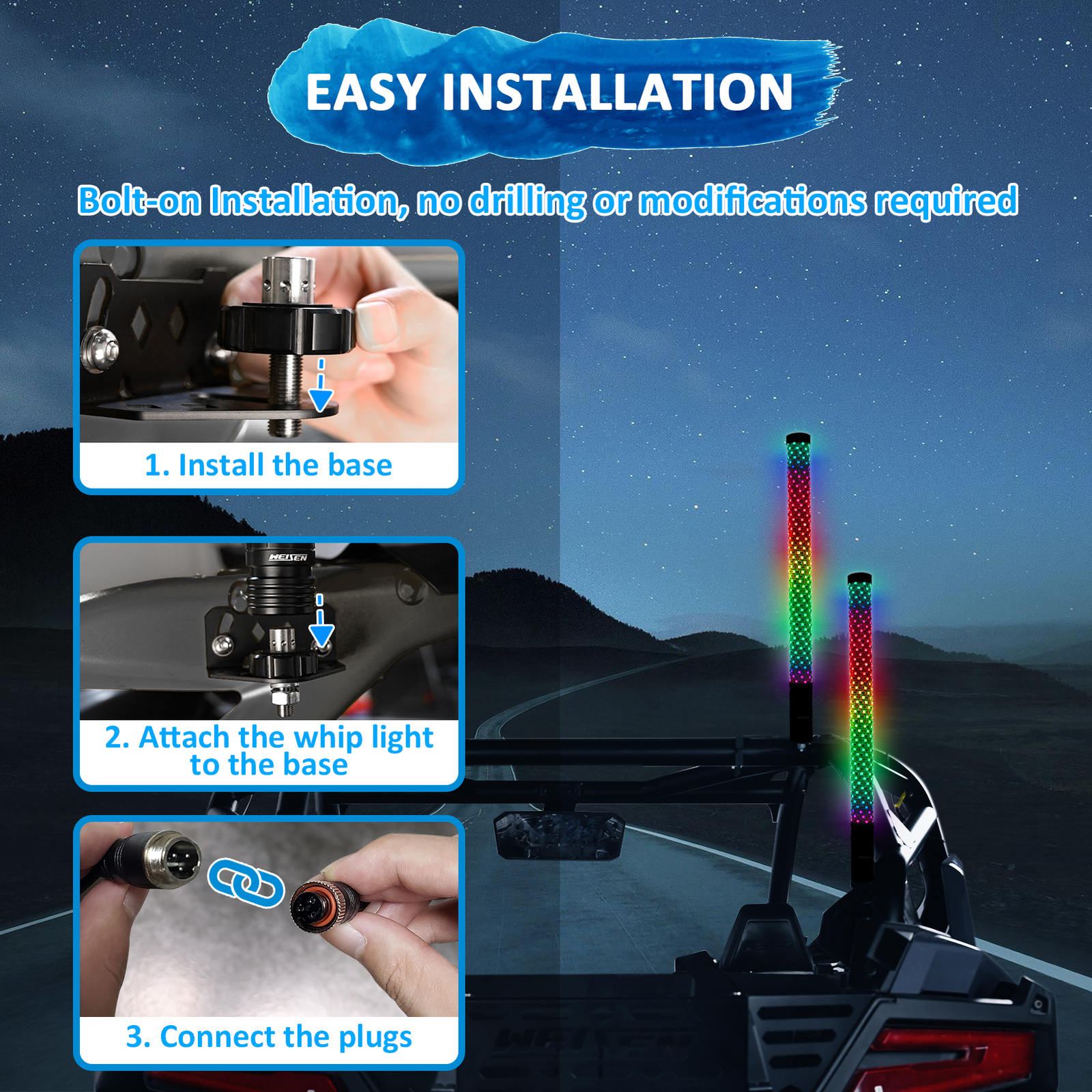 Pair 2FT Fat RGB LED Spiral Whip Light Mounts Kit For Can Am Maverick R/R Max