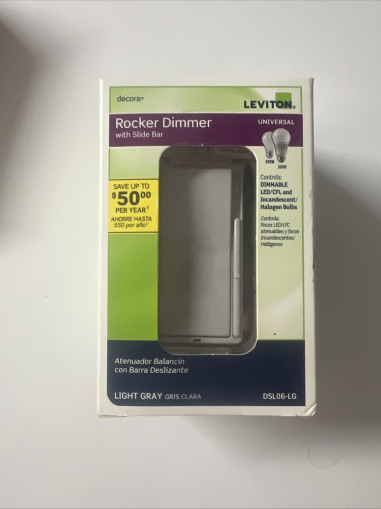 Leviton Rocker Dimmer Switch 600W Light Gray Single Pole/3-Way 1 Pack