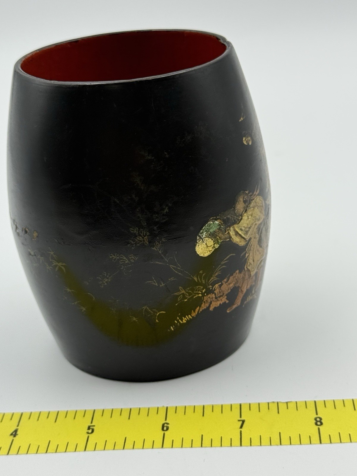 Antique Vietnamese Sơn Mài Lacquer Brush Pot • Múa Lân Lion Dance • Hand Painted