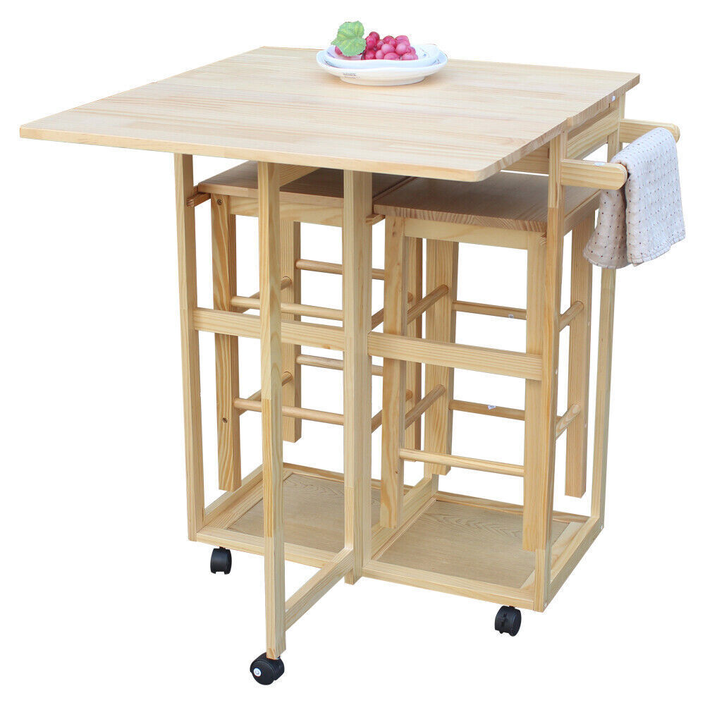 Kitchen Square Solid Wood Folding Rolling Dining Cart with 2 Free Stools Natural