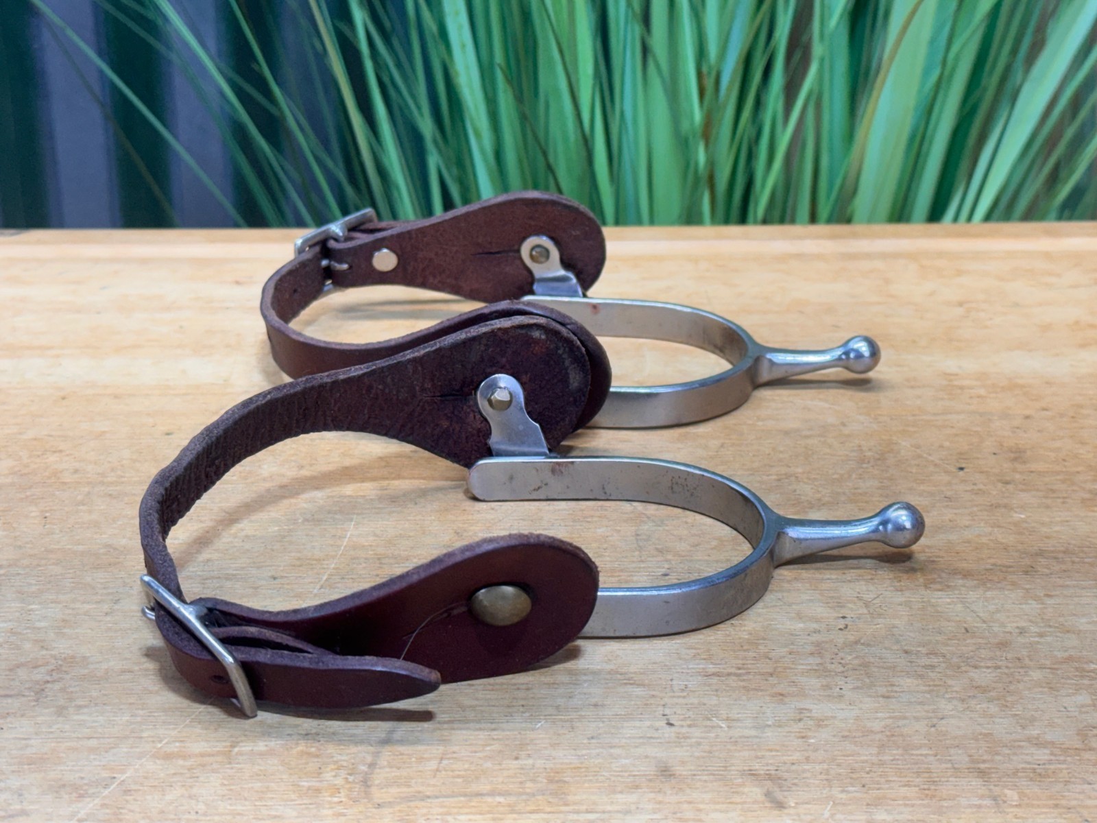 Stainless Steel BALL END Western Spurs w Leather Straps