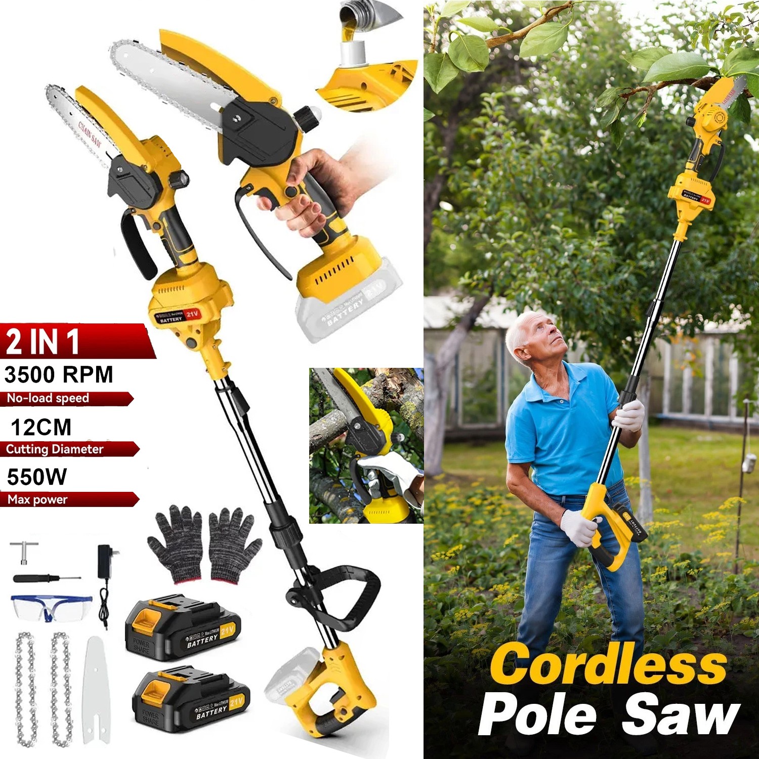2 in 1 Cordless Pole Saw & Mini Chainsaw 6 inch Brushless Electric Chain Saw US