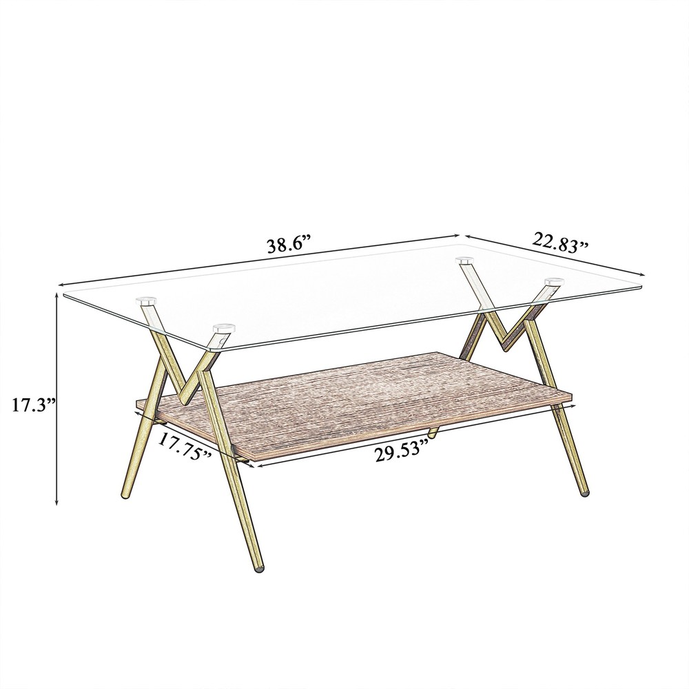 Tempered Glass Coffee Table Rectangular Coffee Table with Storage Shelf