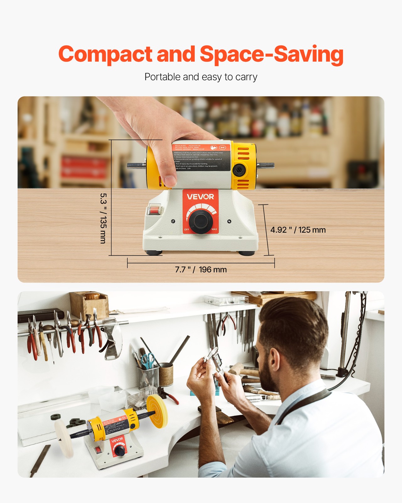 VEVOR 1/2HP Bench Buffer Polisher 0 to 8000RPM with 3-inch & 4-inch Wheels