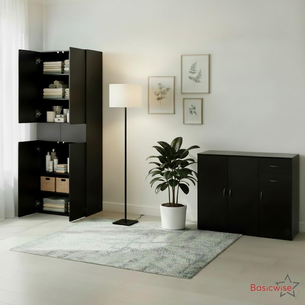 Basicwise Set of Buffet Table with Drawers Plus Cabinet with Compartments,Black