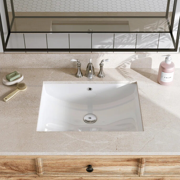 Undermount Bathroom Sink Rectangle Vessel Sink with Overflow,White Ceramic