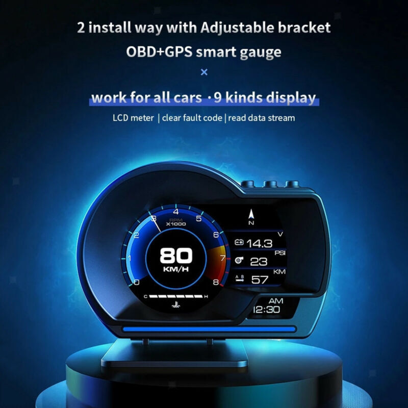 Car OBD GPS HUD Multi-function Gauge Head-Up Display 9 Different Interface Alarm
