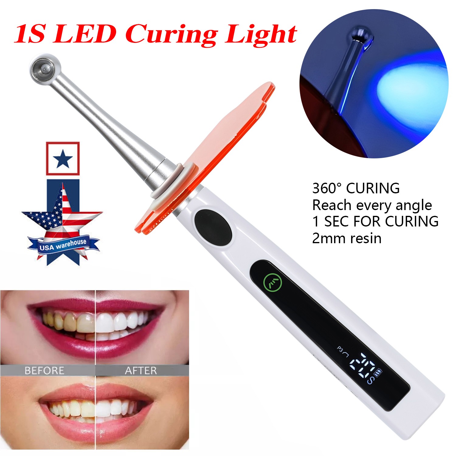 Dental Wireless LED Curing Light 1 Second Cure Lamp Metal Head AI