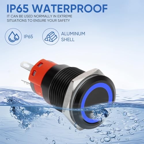 16MM Latching 12V Push Button Switch On Off,Waterproof Black Shell Blue LED
