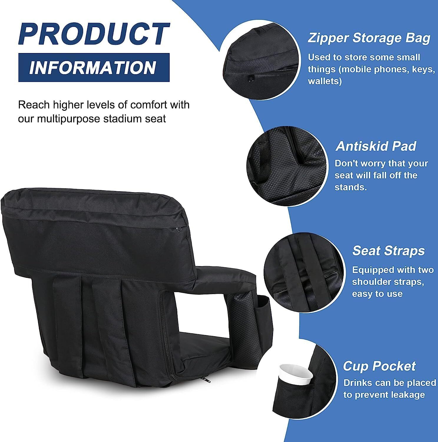 2 Pack Wide Stadium Seat for Bleachers w/Back Support Extra Thick Cushion Black