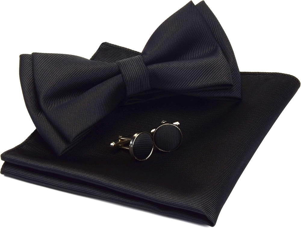 Mens Solid Color Two Layer Pre-Tied Bow Tie and Pocket Square Cufflink Set with