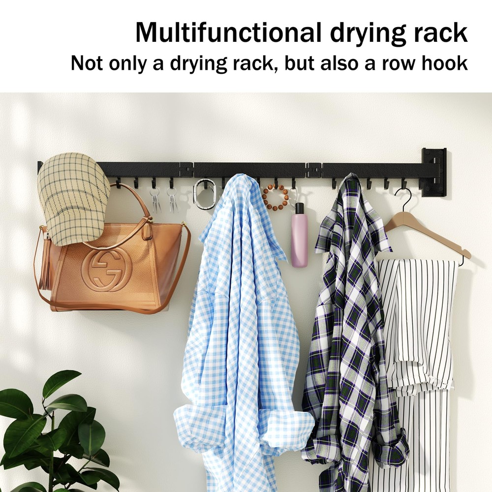 Wall Mounted Retractable Clothes Drying Rack Folding J Shape Hooks for Laundry