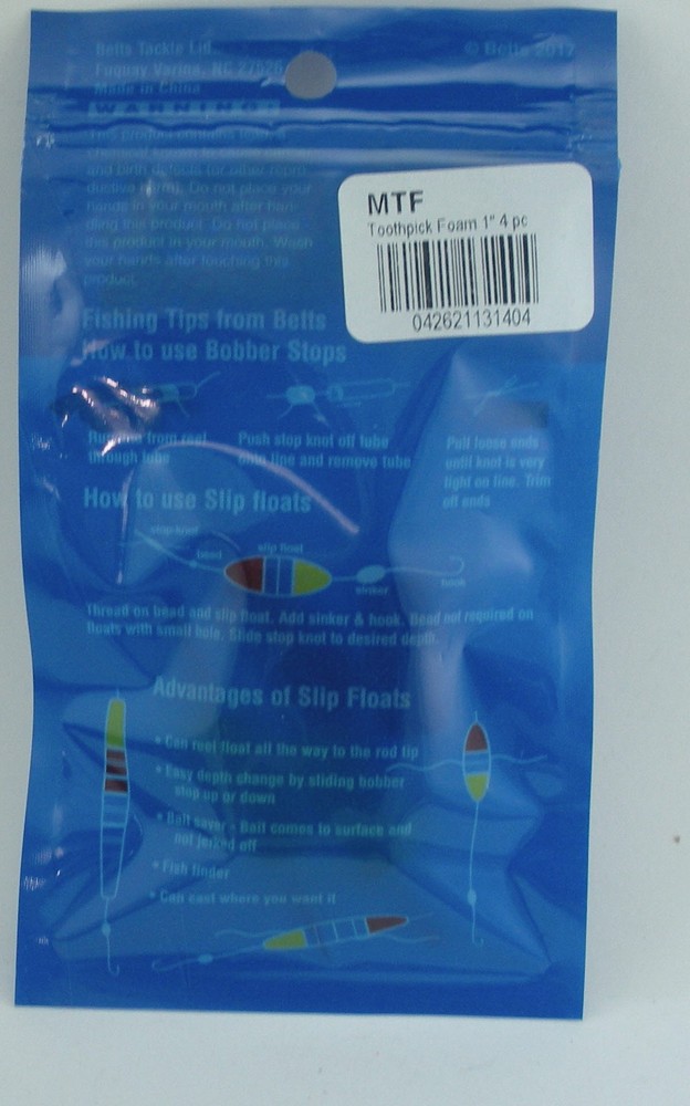 Betts MTF 1in Toothpick Float Assorted Colors 4ct
