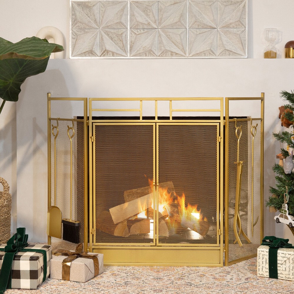 3 Panel Fireplace Screen Spark Guard Hinged Doors Include (4-Fireplace Tool)