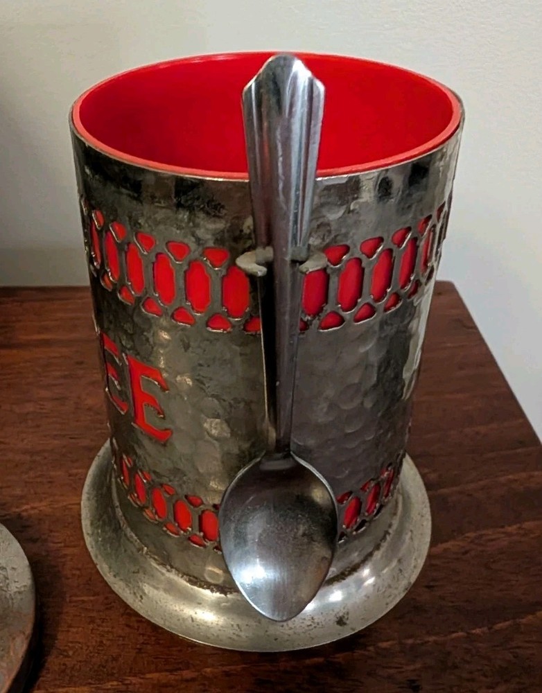 Vintage Silver Plate Coffee Canister w/Spoon, Lid & Red Plastic Insert
