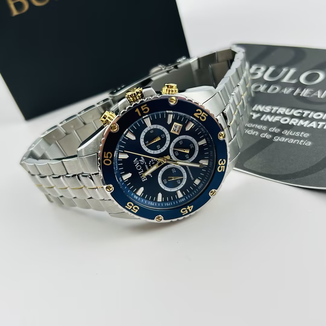 Bulova Marine Star 98B400 Men's Blue Dial Stainless Chronograph Quartz Watch New