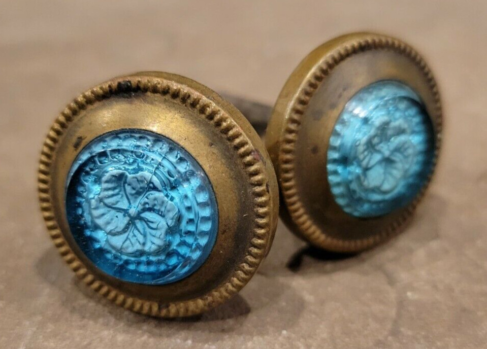 2 Brass decorative inlaid blue drawer pulls decorative knobs screws 2 1/4 long