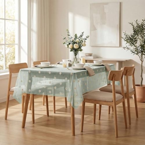 Embroidery Daisy Spring Summer Gauze Tablecloth 60"×84" (Rectangular) Green