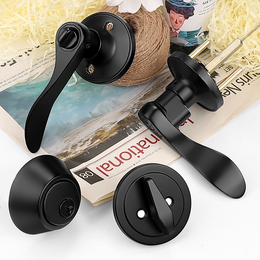 Probrico Matte Black Front Door Handle Entry Lock Set Door Levers Deadbolt Locks