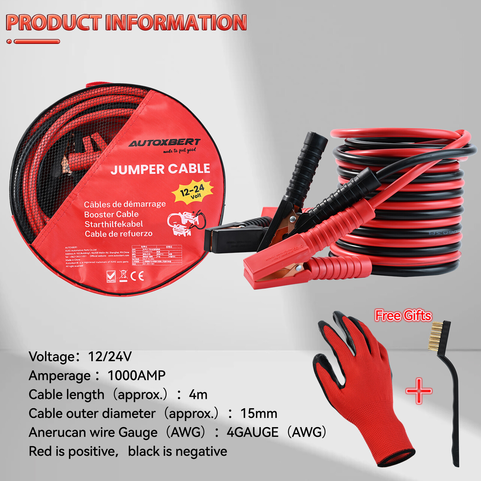 4 Gauge 1000AMP Heavy Duty Power Jumper Booster Cables Commercial Grade Battery