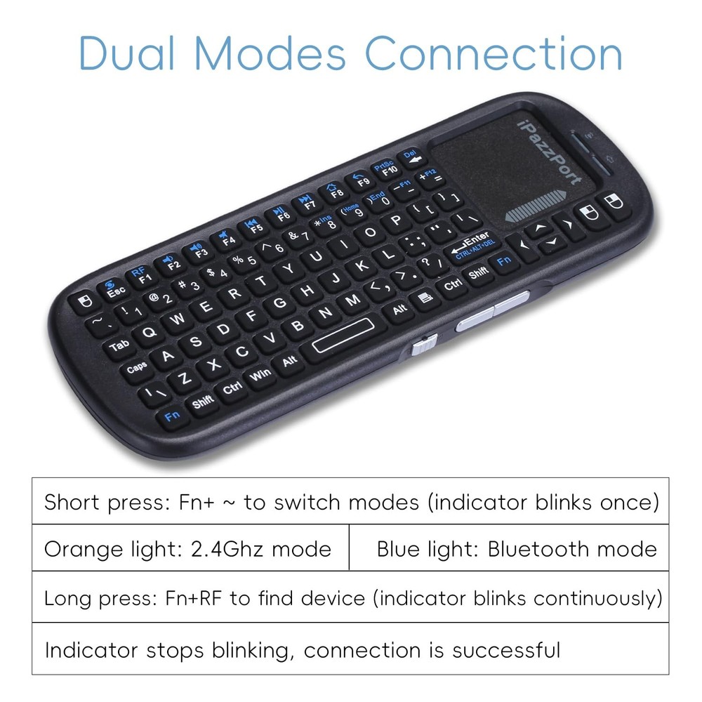 iPazzPort 2.4G+Bluetooth Wireless Mini Keyboard with Touchpad and Mouse Compa...