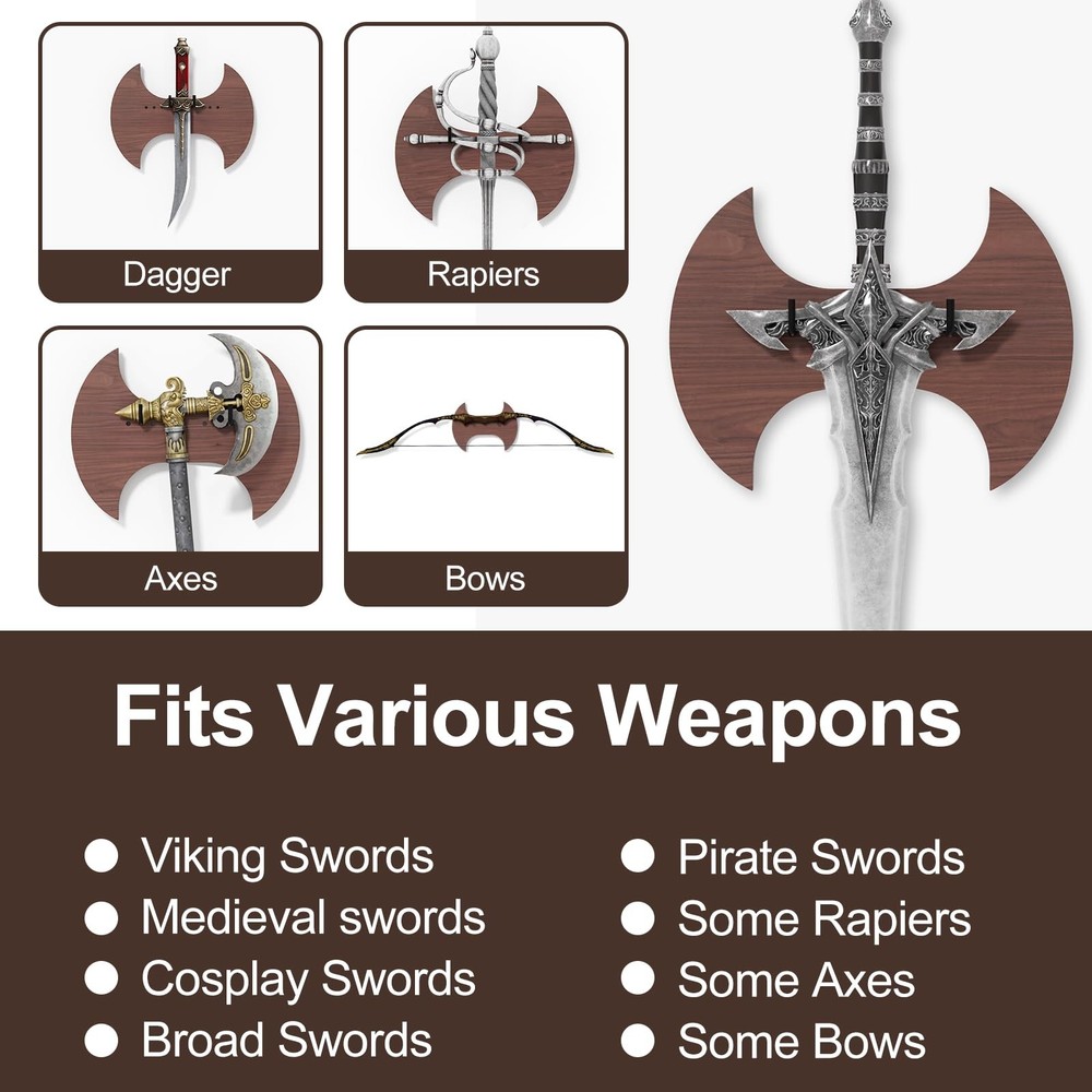 Solid Wood Sword Wall Mount, Vertical Sword Display Rack with Adjustable Hook...