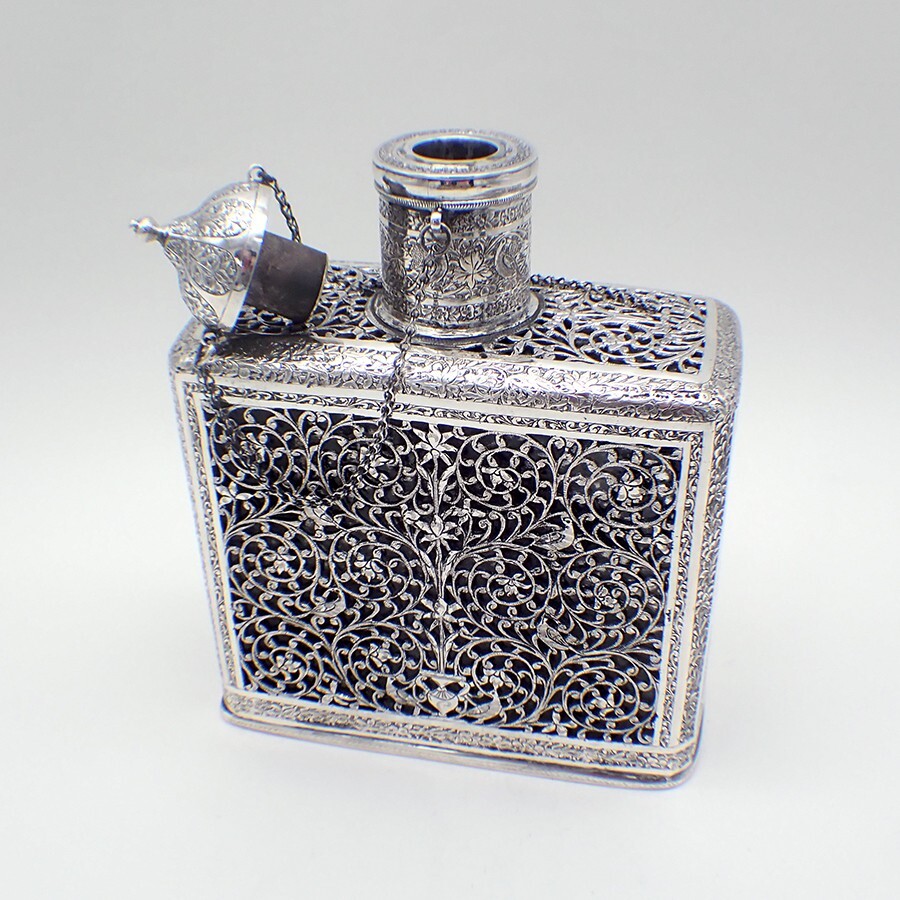 Ornate Decanter Flask Thick Silver Overlay Middle Eastern 900 Silver