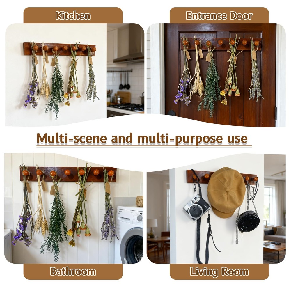 Rustic Hanging Herb Drying Rack–Space-Saving Design Holds 7 Bouquets,Fits Win...