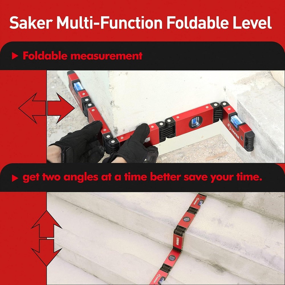 Saker Multi-function Foldable Level, 28-Inch Multi-Angle Measurement Red