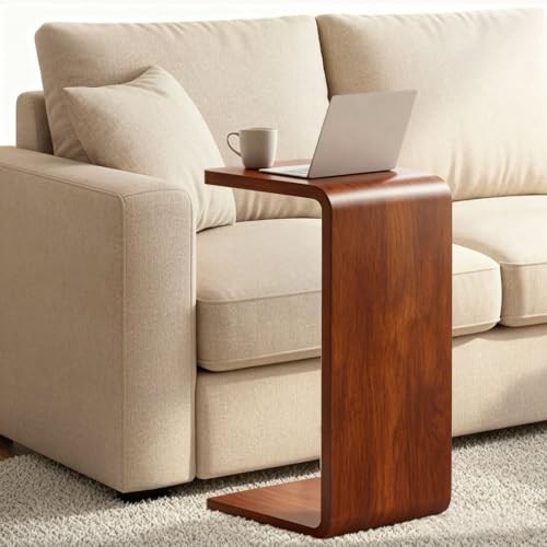 C Shaped End Table for Couch - Wooden Sofa Side Table, Slide Under Walnut