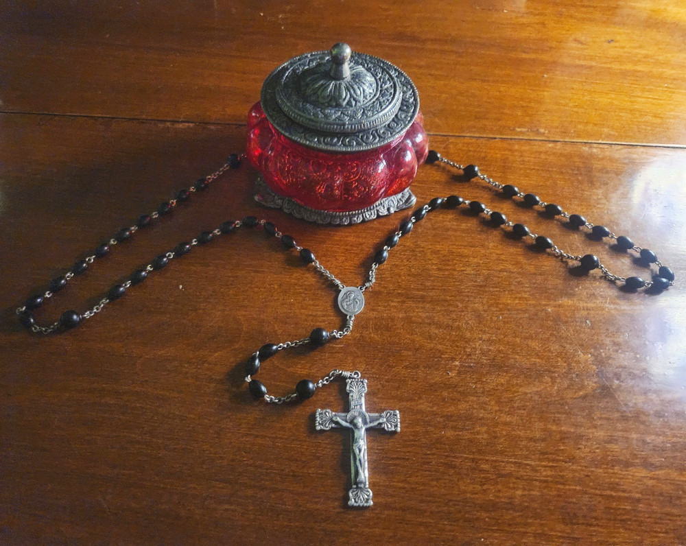 Vintage Sterling Silver Celluloid Bead Rosary & Vtg Red Moroccan Blown Glass Box