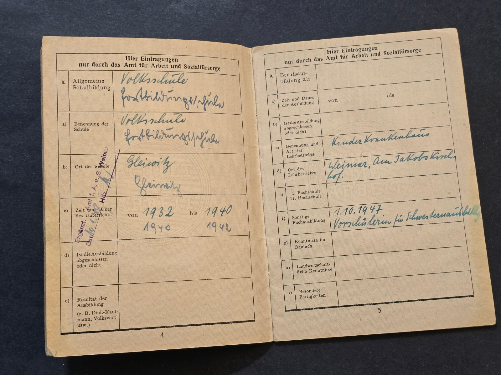 Post WWII WW2 German Arbeitsbuch ID w Photo Female Work Book