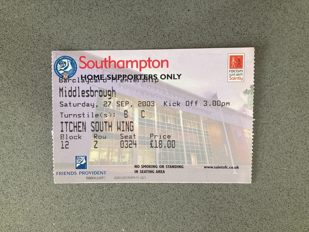 Southampton v Middlesbrough 2003-04 Match Ticket