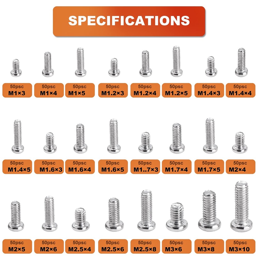 Zmbroll 1200Pcs Phillips Pan Head Small Machine Scews,Tiny One Size, Silver