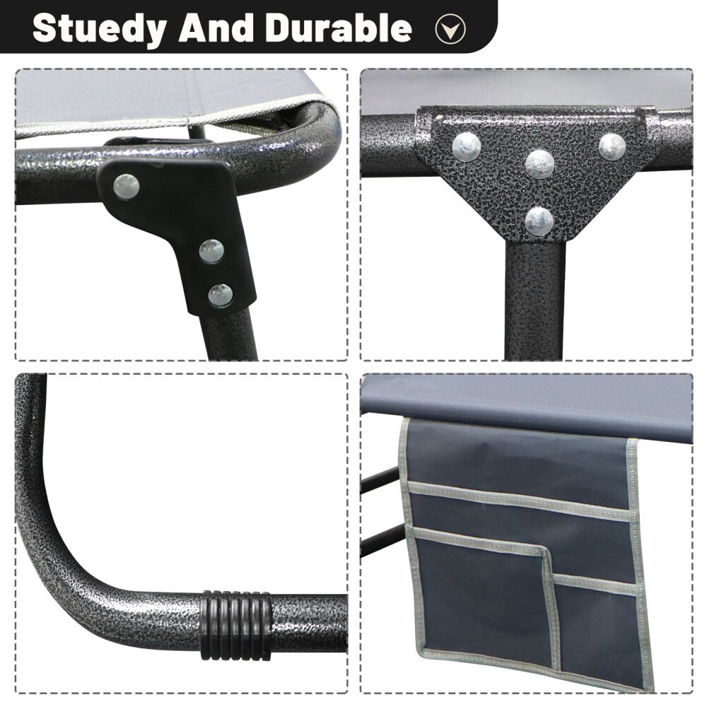 Slsy Folding Camping Cot 4-Position Outdoor Chaise Lounge Gray Pad Side Pockage