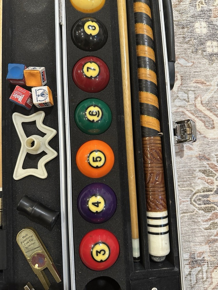 Brunswick Centennial Pool Balls Set With Aramith Case And 2 Schlitz Pool Sticks