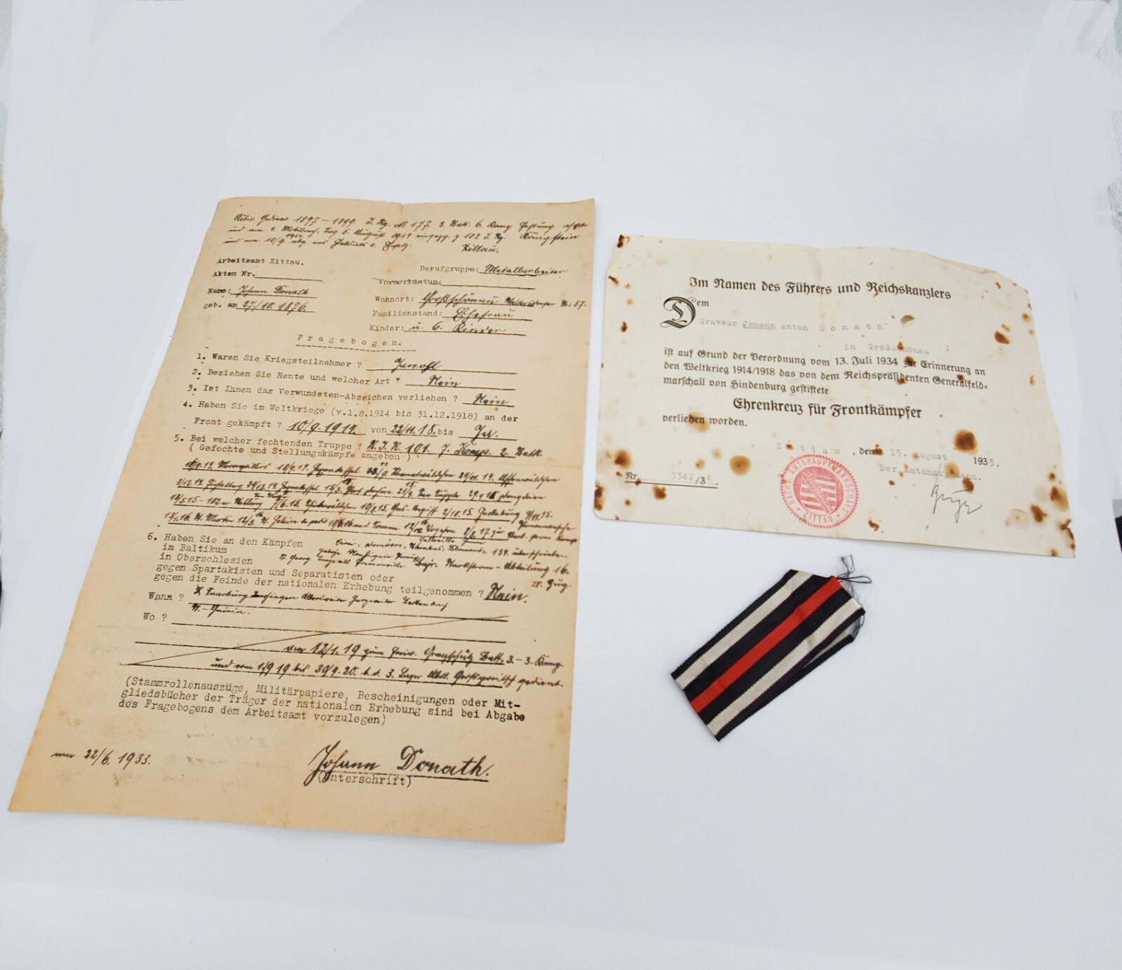 WWI WW1 Original German Somme veteran service record set award documents ribbon