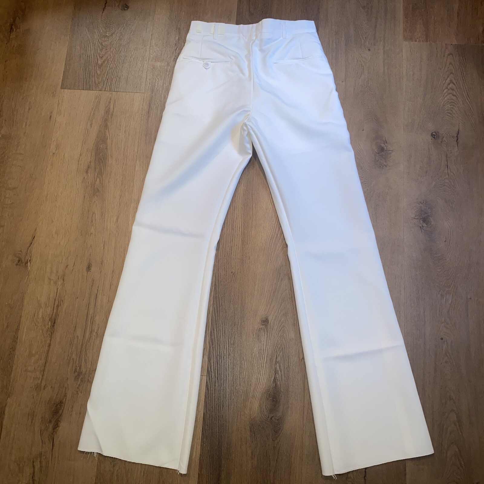 Mens Bell Bottom Pants Vintage Polyester White Flare Leg Mod New NOS 28 Unhemmed
