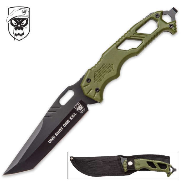 SOA One Shot One Kill Fixed Blade Knife Green Handle with Sheath
