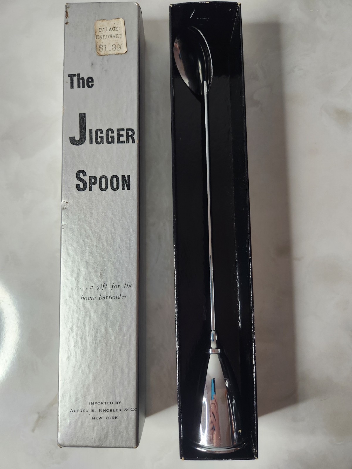 BOXED Vintage Silver Bar Spoon with Bell End Jigger 10.5"